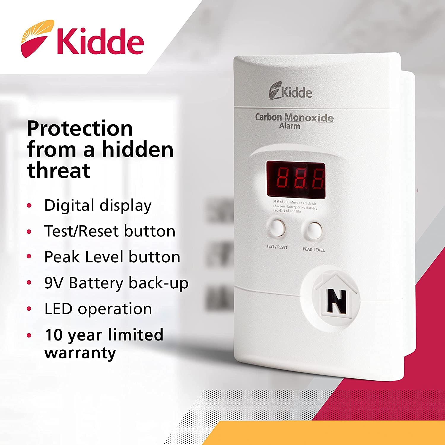 Kidde Carbon Monoxide Detector, Plug In Wall with 9-Volt Battery Backup, Digital LED Display - 6 Pack - Image 4