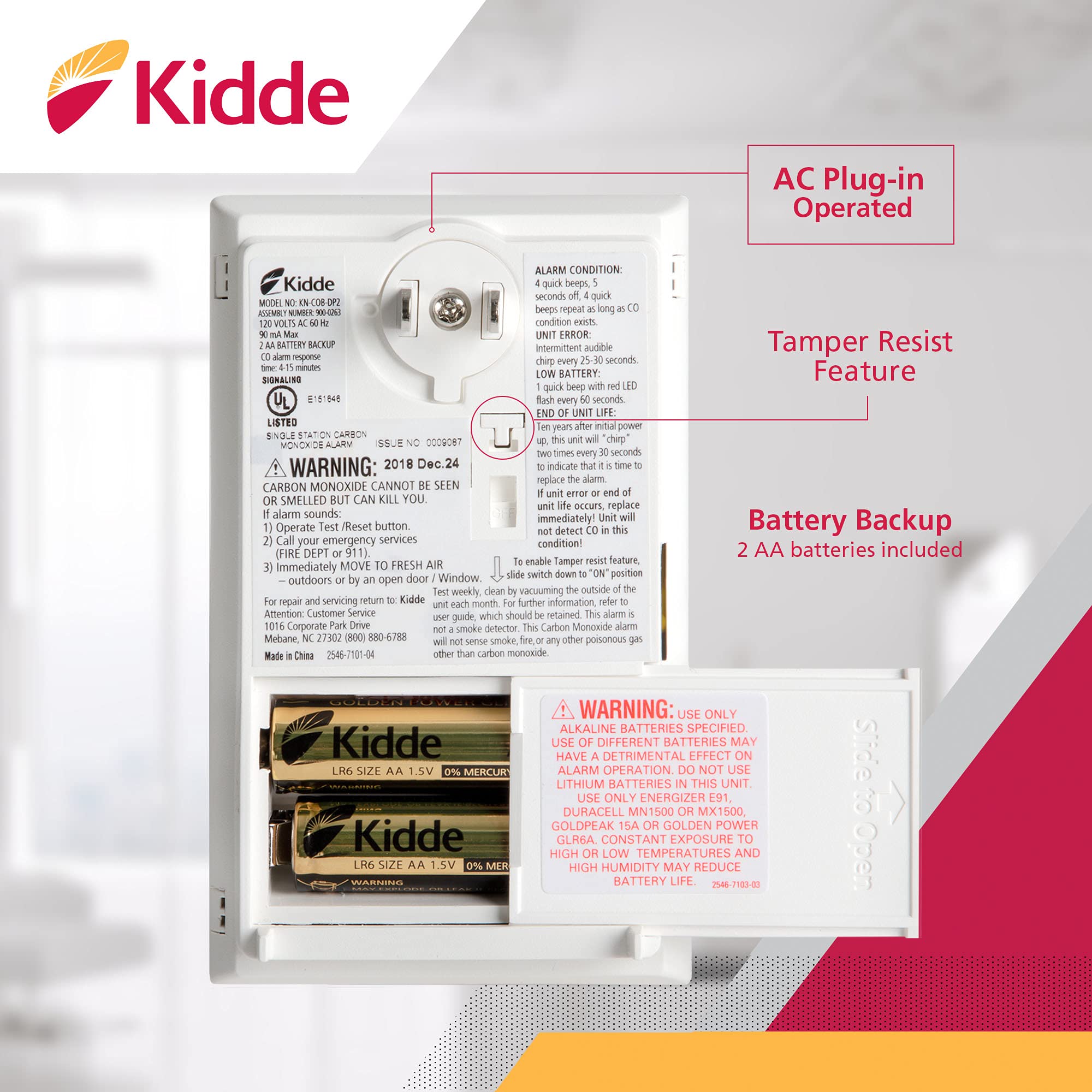 Kidde Carbon Monoxide Detector, Plug In Wall with AA Battery Backup, Test-Hush Button - Image 3