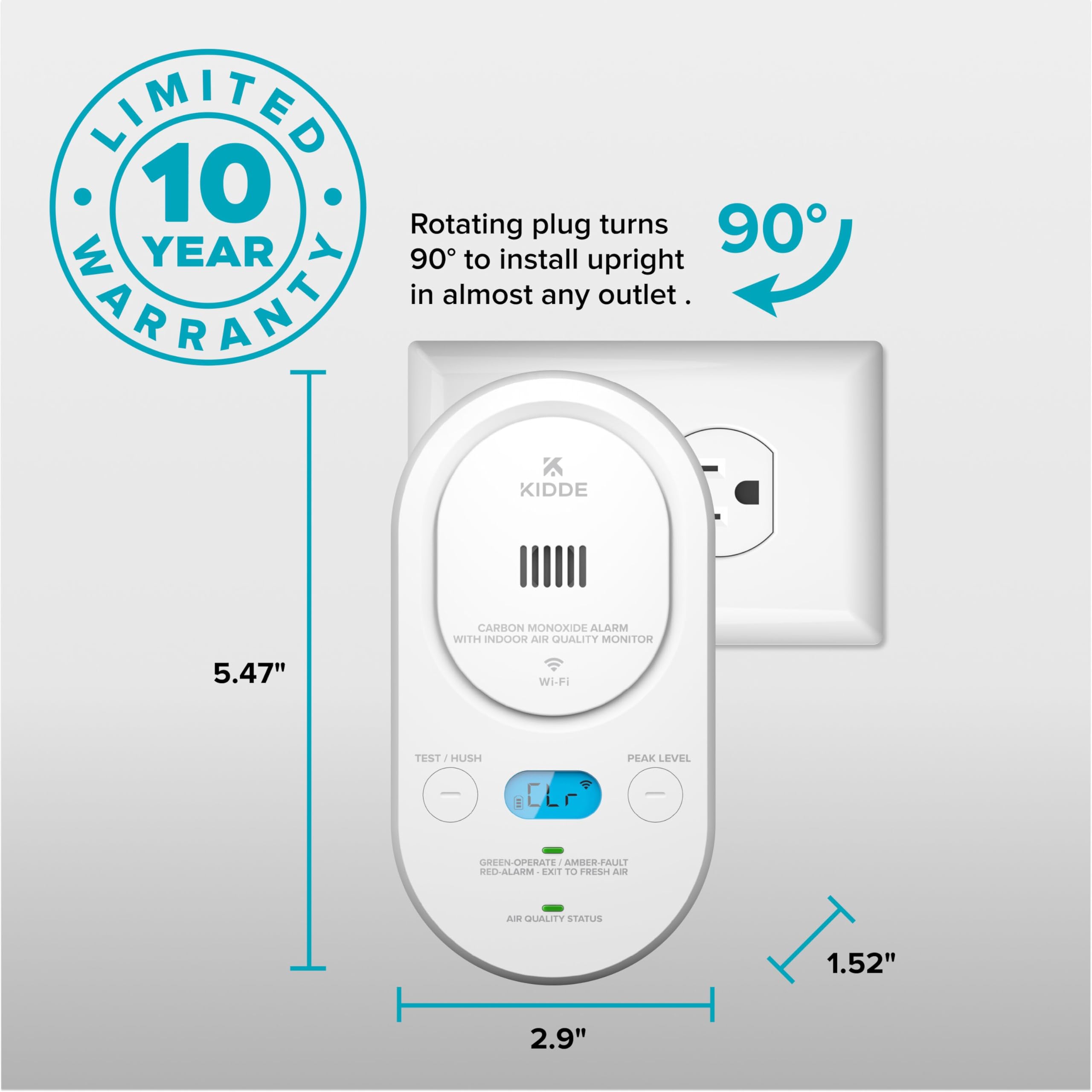 Kidde Smart Carbon Monoxide Detector & Indoor Air Quality Monitor, Plug-in with AA Battery Backup, Real-Time Notifications, 2.4 GHz Wi-Fi Enabled, Rotating Plug, 85 dB Alarm, 5th Edition, COPDLQW - Image 9